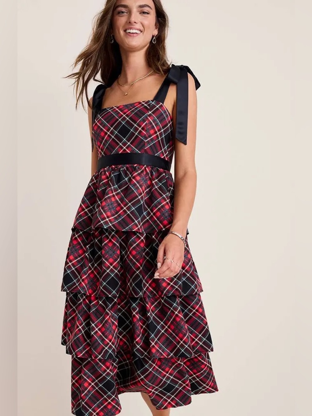 Francesca’s Red & Black Plaid Tiered Ruffle Maxi Dress with Tie Straps